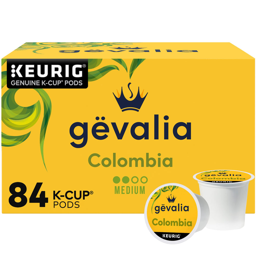 Gevalia Colombia K-Cup pods box, convenient 84-count package for daily mornings.