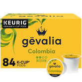 Gevalia Colombia K-Cup pods box, convenient 84-count package for daily mornings.