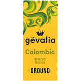 Gevalia Colombia medium roast ground coffee bag close-up highlights premium arabica beans and inviting aroma.