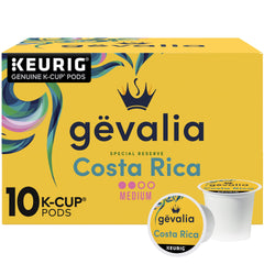 Gevalia Costa Rica Special Reserve box displays single-origin beans for a balanced morning brew