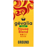 Gevalia House Blend Decaf bag front view highlighting packaging and aroma.