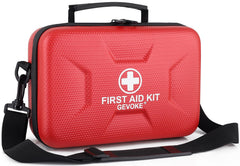 Gevoke 410-piece first aid kit front view showing compact, organized storage for quick access
