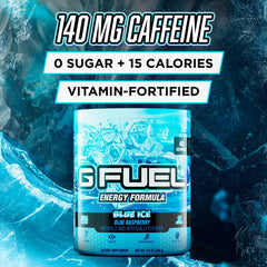 G Fuel Blue Ice powder scoop ready to mix for gaming focus.