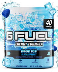 G Fuel Blue Ice tub front showing blue raspberry flavor and clean energy.