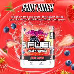 G Fuel Fruit Punch nutrition panel highlights antioxidants from 18 fruits for daily support.