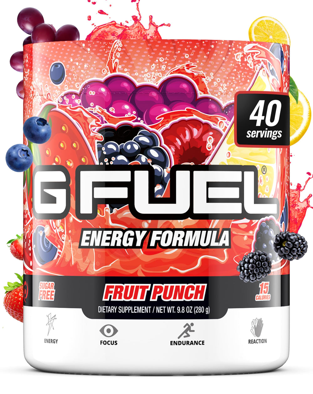 G Fuel Fruit Punch tub front communicates clean energy for gaming sessions.