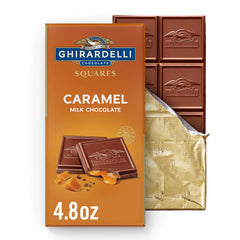 Ghirardelli caramel milk chocolate squares packaging close-up signaling premium gift potential.