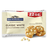 GHIRARDELLI Classic White Vanilla Baking Chips bag shows premium ingredients for smooth baking