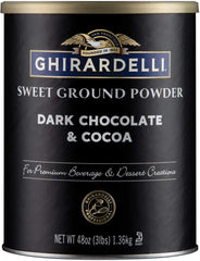 Ghirardelli dark chocolate cocoa powder packaging view for premium beverages and desserts