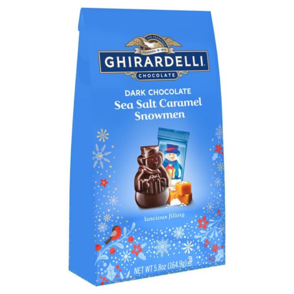 Ghirardelli dark chocolate sea salt caramel snowmen in a bag, perfect for gifting and entertaining.