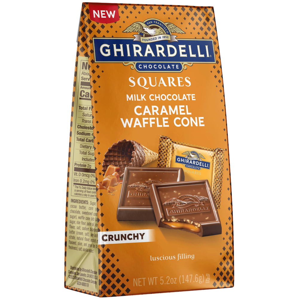 Ghirardelli Milk Chocolate Caramel Waffle Cone Squares packaging shows premium indulgence.