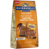 Ghirardelli Milk Chocolate Caramel Waffle Cone Squares packaging shows premium indulgence.