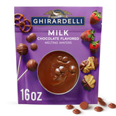 GHIRARDELLI milk chocolate melting wafers in a bag, ideal for dipping and baking.