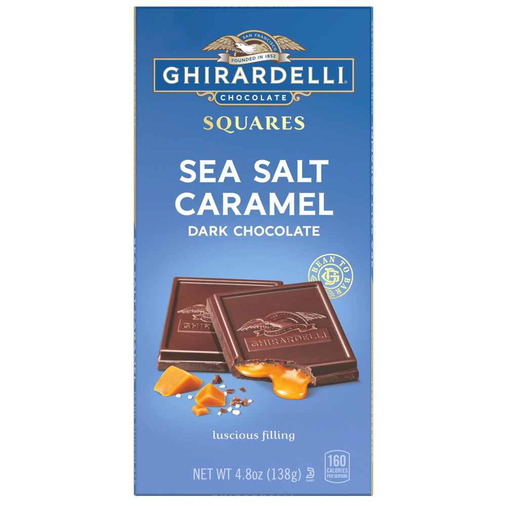 GHIRARDELLI sea salt caramel square closeup highlighting silky caramel balance