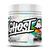 Ghost BCAA Sour Strips tub and glass, a refreshing intra-workout option.