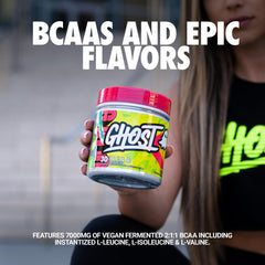 GHOST BCAA Lemon Crush scoop close-up highlighting 7G BCAAs per serving.