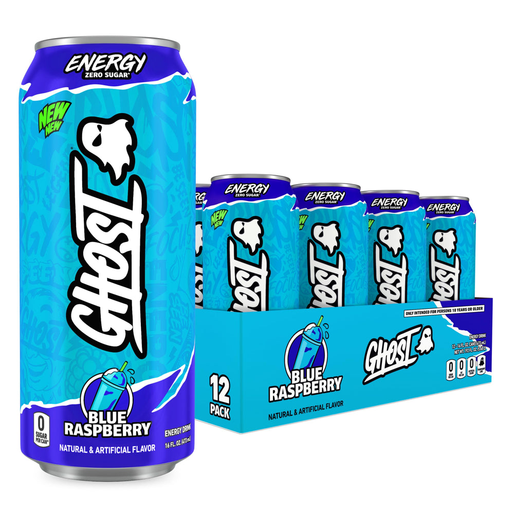 GHOST Energy Blue Raspberry can front view with transparent label and bold flavor cue.