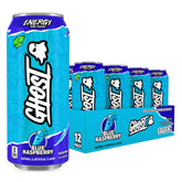 GHOST Energy Blue Raspberry can front view with transparent label and bold flavor cue.