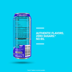 GHOST Energy Blue Raspberry can side highlights ingredients and serving size.