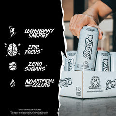 Ghost Energy can with caffeine badge illustrating 200mg natural caffeine