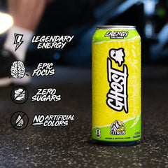 GHOST Energy Citrus label close-up showing natural caffeine and nootropics.