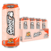 GHOST Energy Peaches can front view, highlighting bold flavor and energy boost.