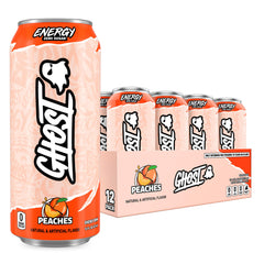 GHOST Energy Peaches can front view, highlighting bold flavor and energy boost.
