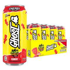 Ghost Energy Sour Patch Kids Redberry can, 16oz, showing bold flavor and energy benefits