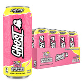 GHOST Energy Sour Pink Lemonade 16oz can pour for quick focus during workouts.