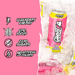 GHOST Energy Sour Pink Lemonade tasting glass shot conveys refreshing, low-sugar energy.