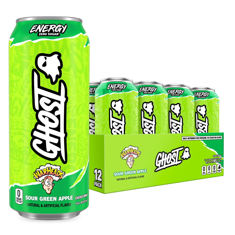 GHOST Energy Warheads Sour Green Apple 16oz can with bold flavors for workouts.