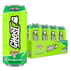 GHOST Energy Warheads Sour Green Apple 16oz can with bold flavors for workouts.