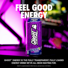 GHOST Energy Welch's Grape can side view showing transparent ingredient label