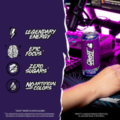 GHOST Energy Welch's Grape 16oz can closeup highlights clear label