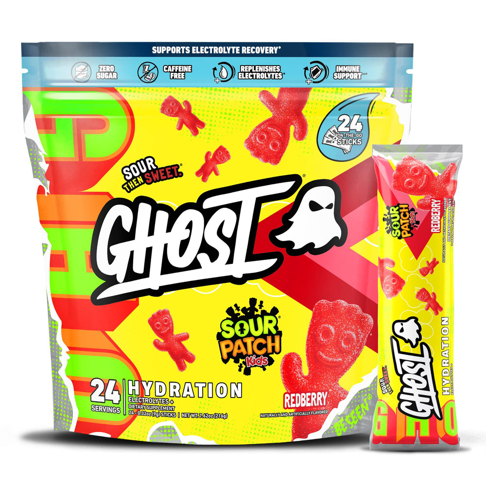 GHOST Hydration Sour Patch Kids Redberry stick provides tasty electrolytes for workouts.