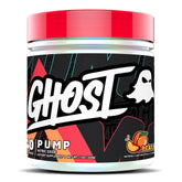 GHOST Pump Peach bottle pour, illustrating stimulant-free pre-workout for a clean pump