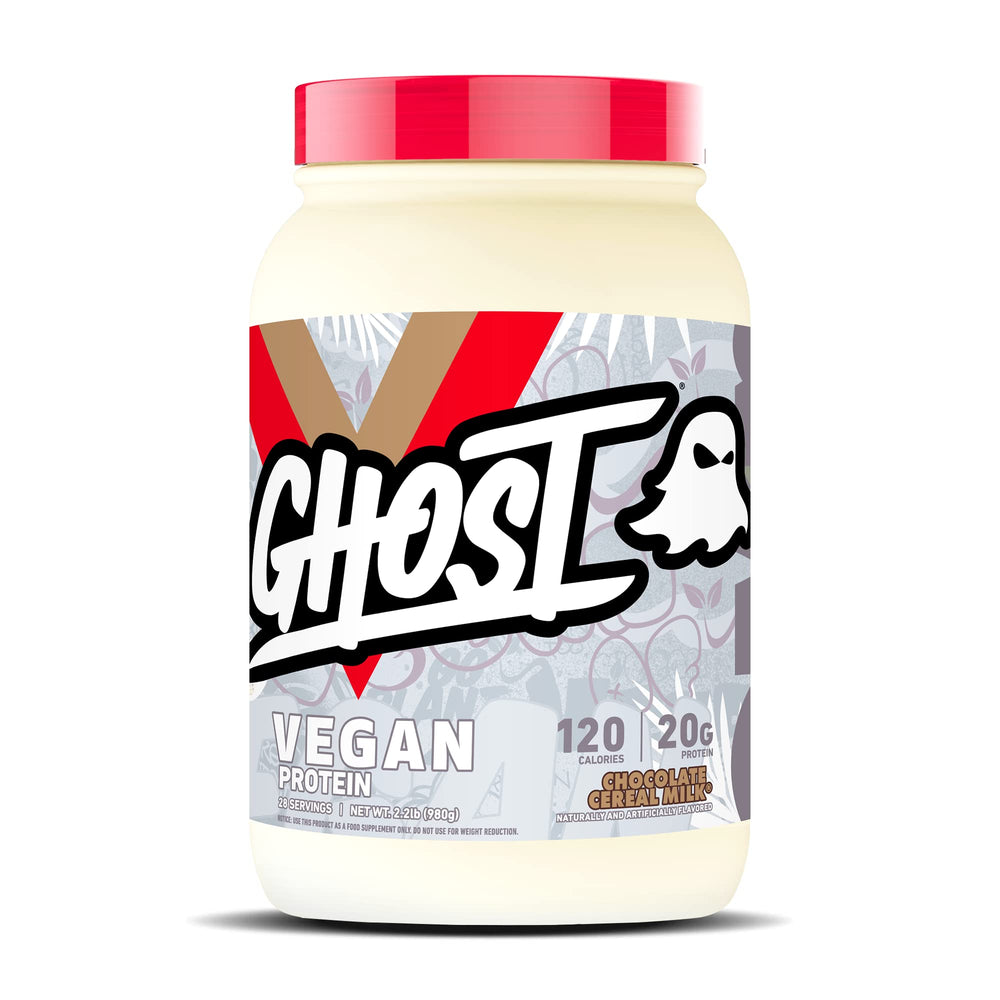 GHOST Vegan Protein Powder Chocolate Cereal Milk tub with transparent label highlight
