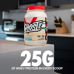 GHOST Whey Fruity Cereal Milk shake ready in a glass, creamy texture.