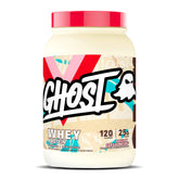 GHOST Whey Fruity Cereal Milk tub front view with 25g protein per scoop.