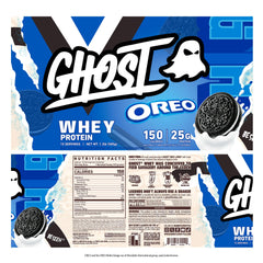 GHOST Whey Oreo tub and scoop show transparent label and blend.