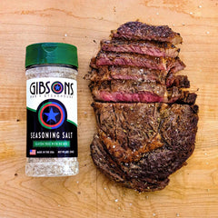 Gibsons Seasoning Salt bottle pour enables quick, even flavor enhancement.