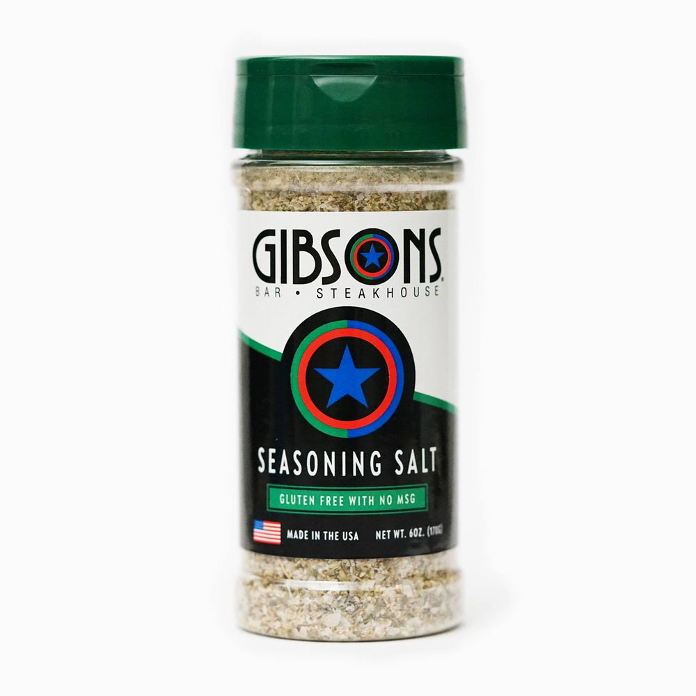Gibsons Steakhouse Seasoning Salt 6oz jar for bold, versatile flavor.