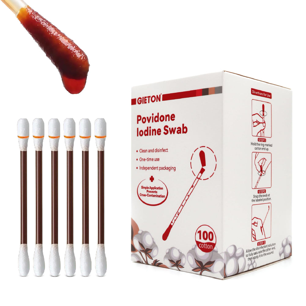 GIETON povidone-iodine swabs packaging closeup for quick first aid readiness