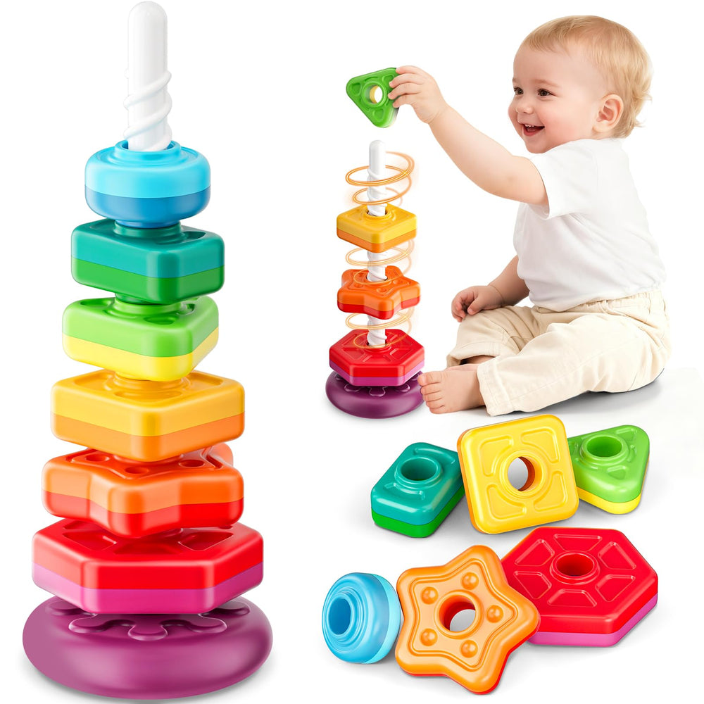 Gigilli rainbow ring stacker close-up showing vibrant rings for early color recognition.