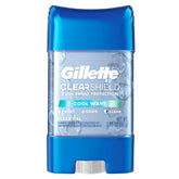 Gillette clear gel antiperspirant bottle with Cool Wave scent offering all-day freshness.