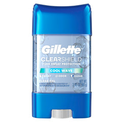 Gillette clear gel antiperspirant bottle with Cool Wave scent offering all-day freshness.