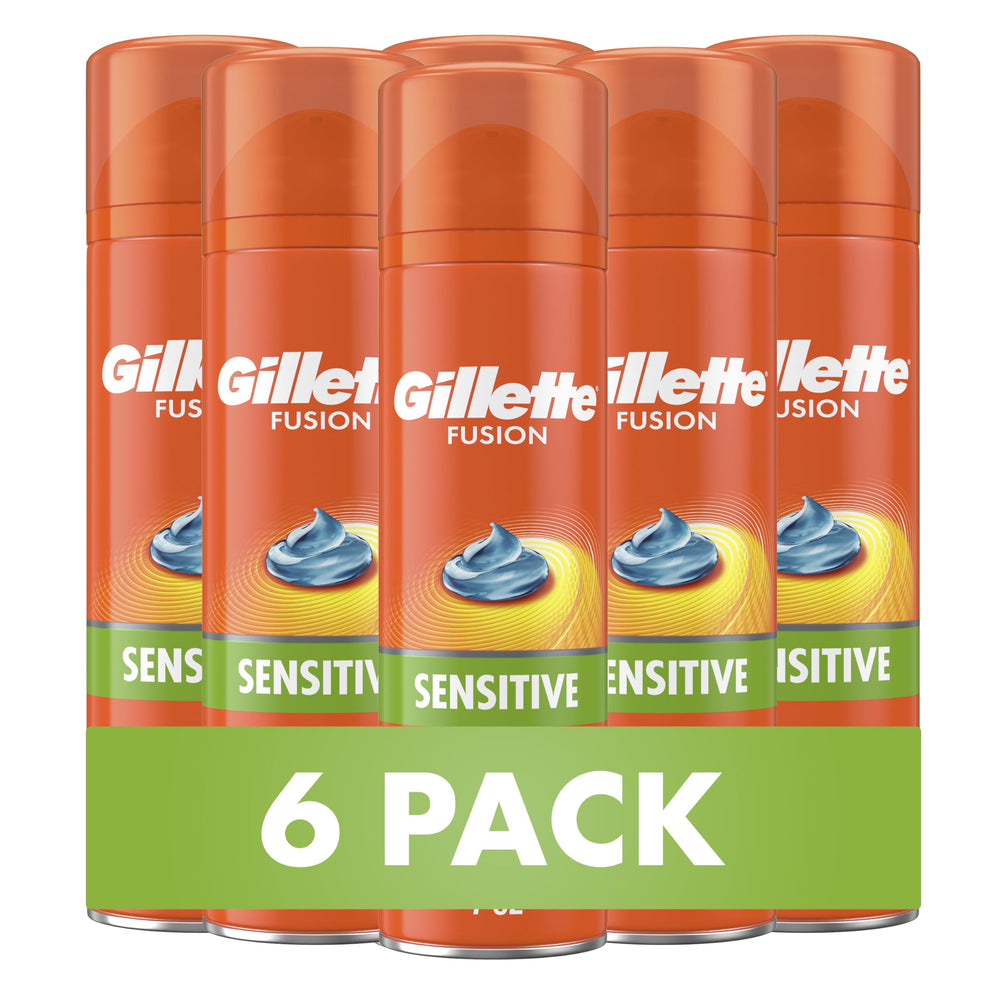 Gillette Fusion5 Ultra Sensitive Gel bottle closeup showing cooling formula for sensitive skin.