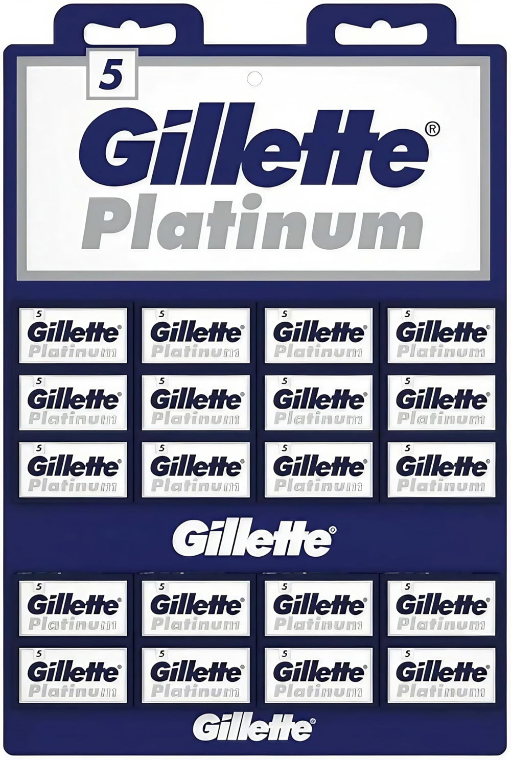 Gillette Platinum double edge blades on display card for easy restocking and quick blade selection
