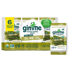 GimMe organic roasted seaweed 6-pack on shelf, a convenient low-calorie snack.