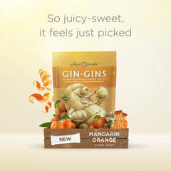 The Ginger People GIN GINS Mandarin Orange Chews 3 oz bag, convenient on-the-go snack.